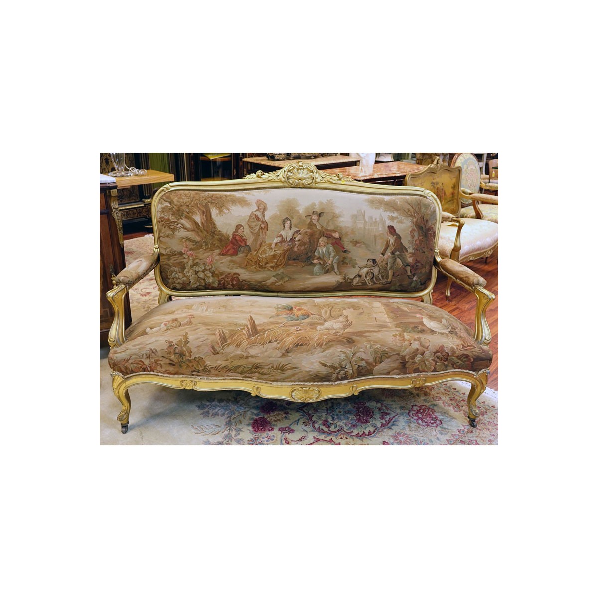 19th Century Louis XVI Style Carved Giltwood Settee with Aubusson Tapestry Upholstery. Depicts a ou