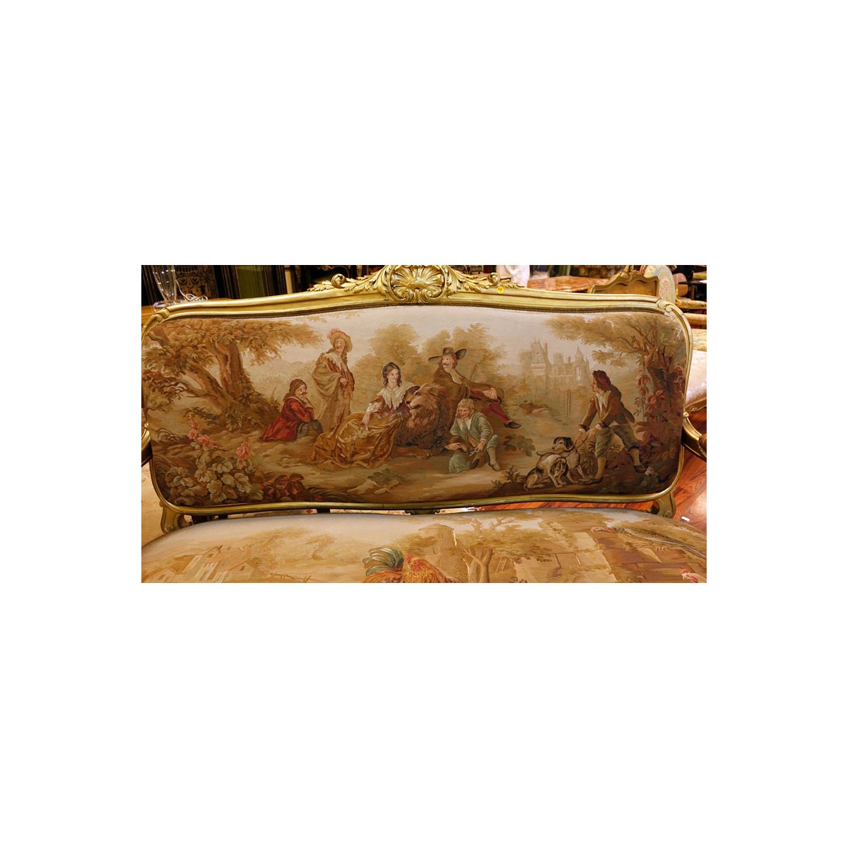 19th Century Louis XVI Style Carved Giltwood Settee with Aubusson Tapestry Upholstery. Depicts a ou