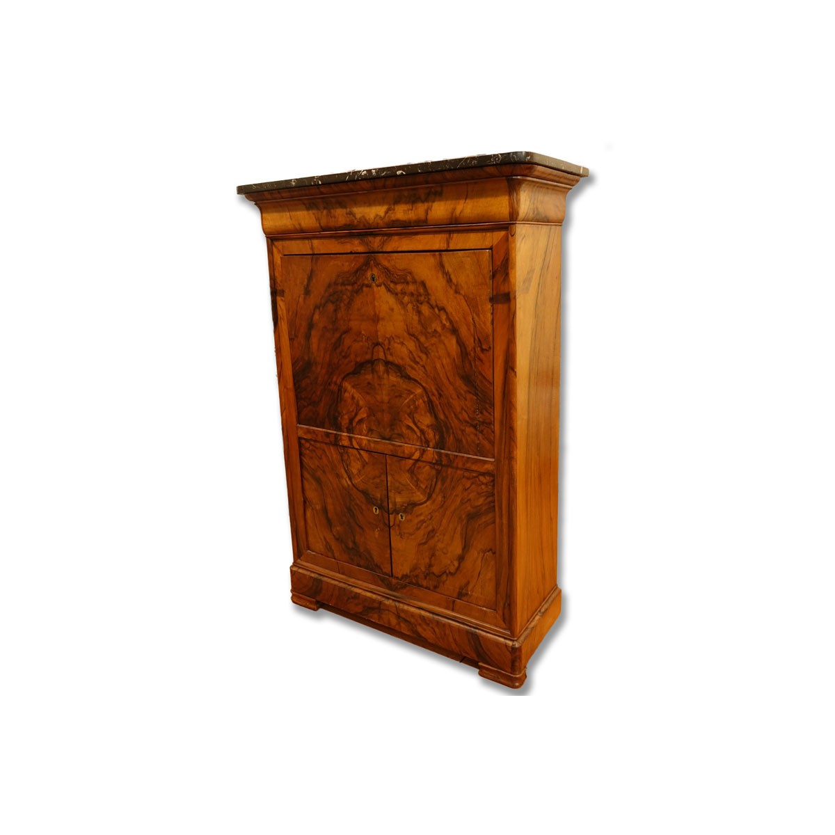 French Louis Philippe Burled Walnut Secretary Desk Cabinet with Marble Top. Drop front opens to rev