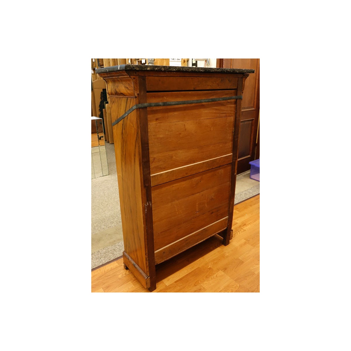 French Louis Philippe Burled Walnut Secretary Desk Cabinet with Marble Top. Drop front opens to rev