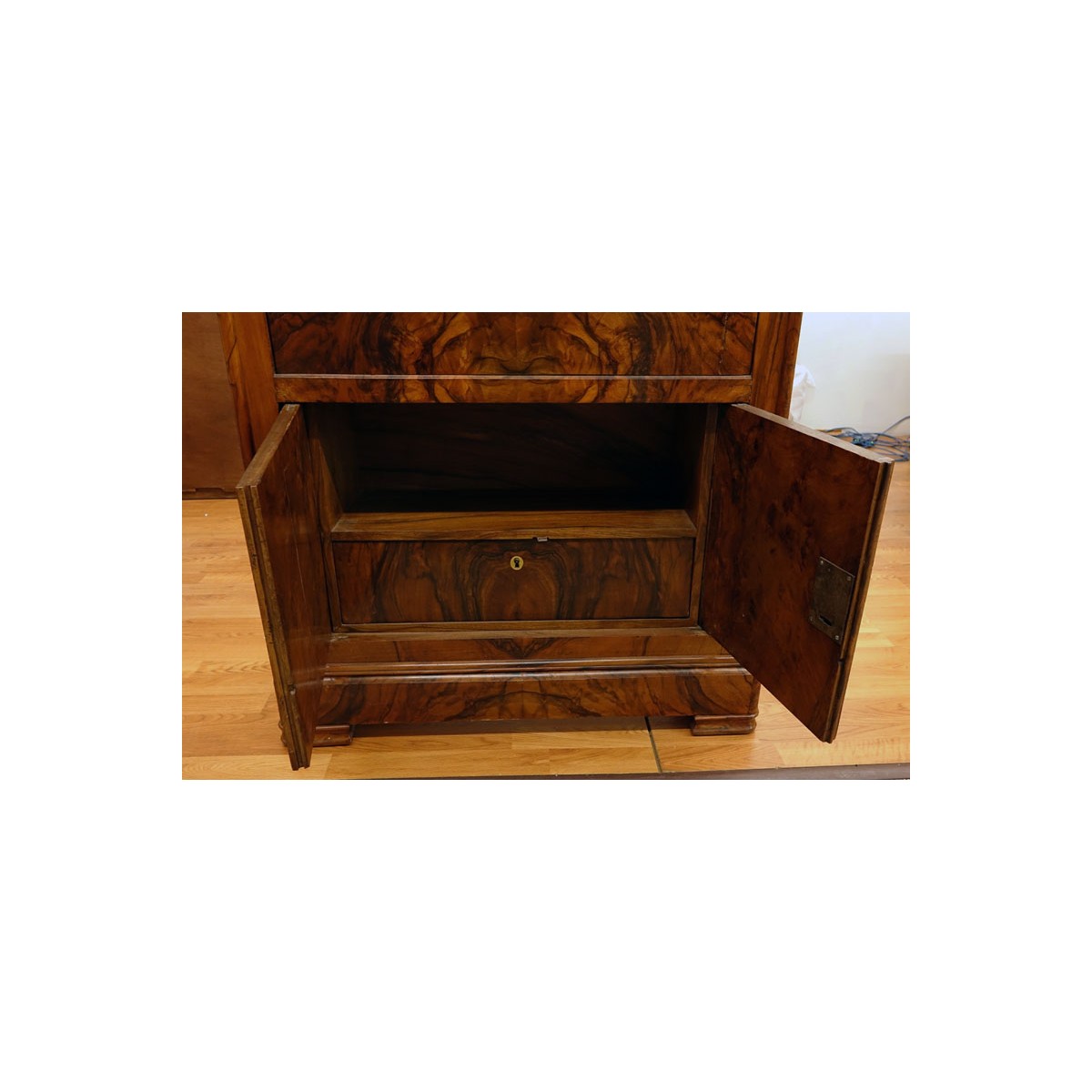 French Louis Philippe Burled Walnut Secretary Desk Cabinet with Marble Top. Drop front opens to rev