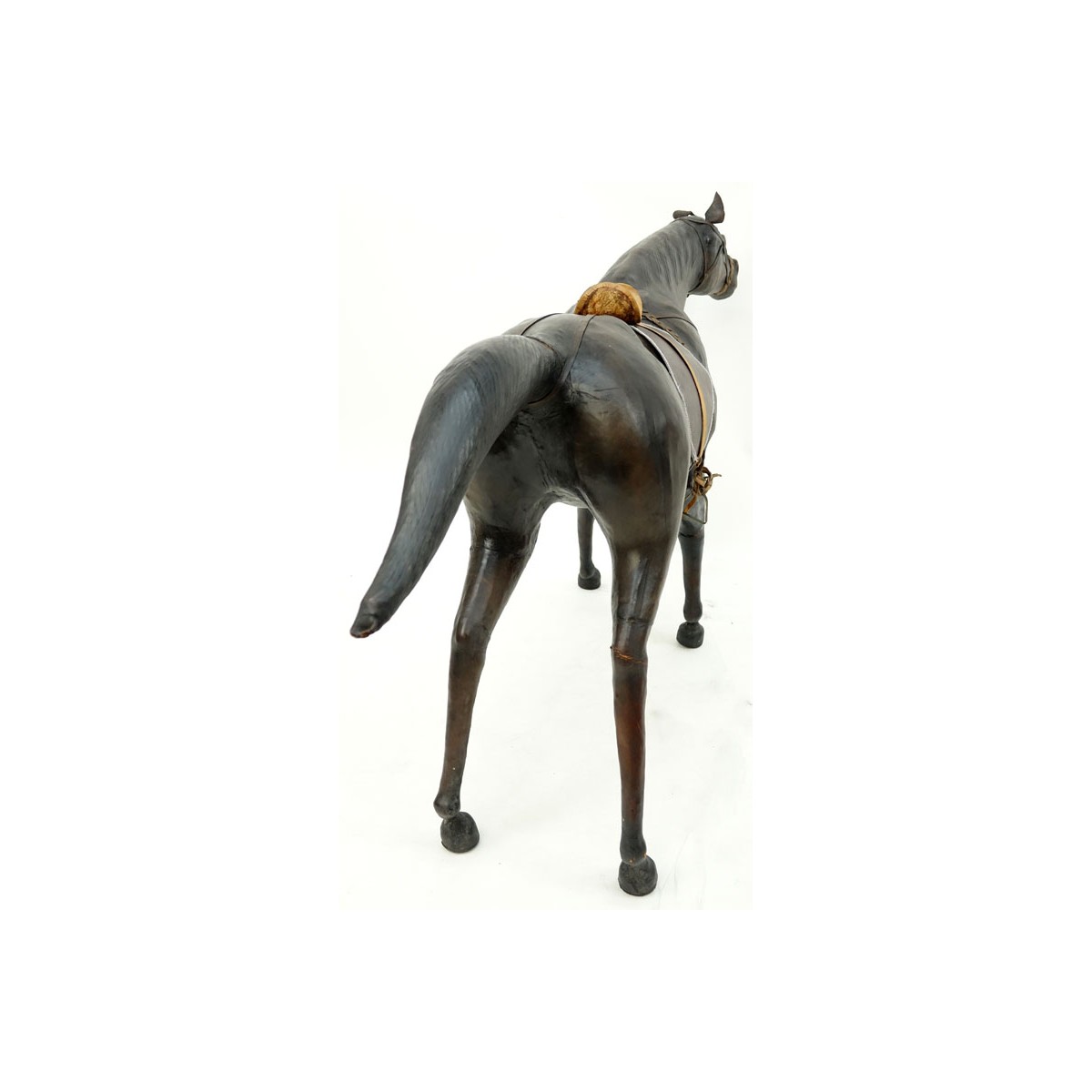 Large Vintage Leather Wrapped Model of a Horse. Normal rubbing to surface, junction to tail or else