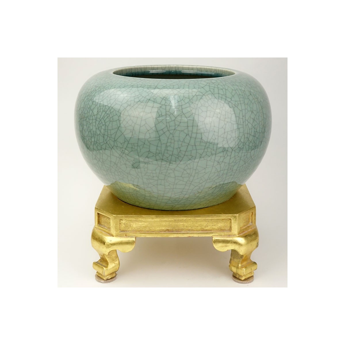 Modern Oriental Style Celadon Porcelain Jardinière on Gilt Stand. Unsigned. Jardinière in good cond