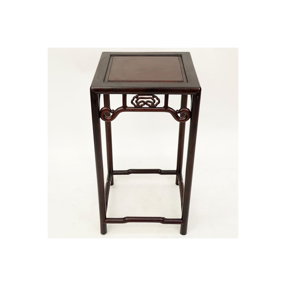 Modern Chinese Carved Hard Wood Pedestal Table. Unsigned. Wear, rubbing one decoration on apron wit