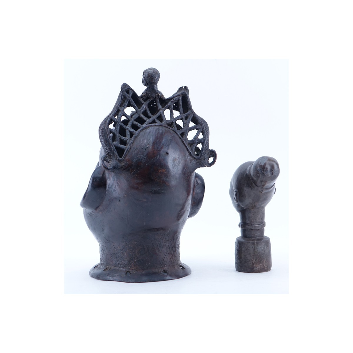 Group of Two (2): African Bronze Sculpture and a Stoneware Sculpture, Each 20th C. Heads of Benin. 