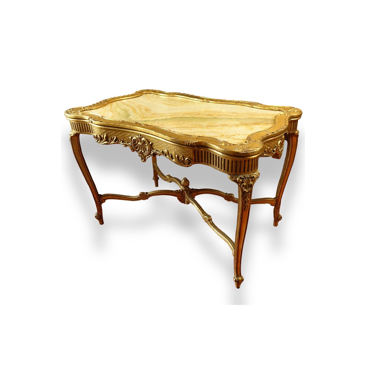 Early 20th Century Carved and Gilt Wood Center Table with Onyx Top. Decorated with carved scroll mo