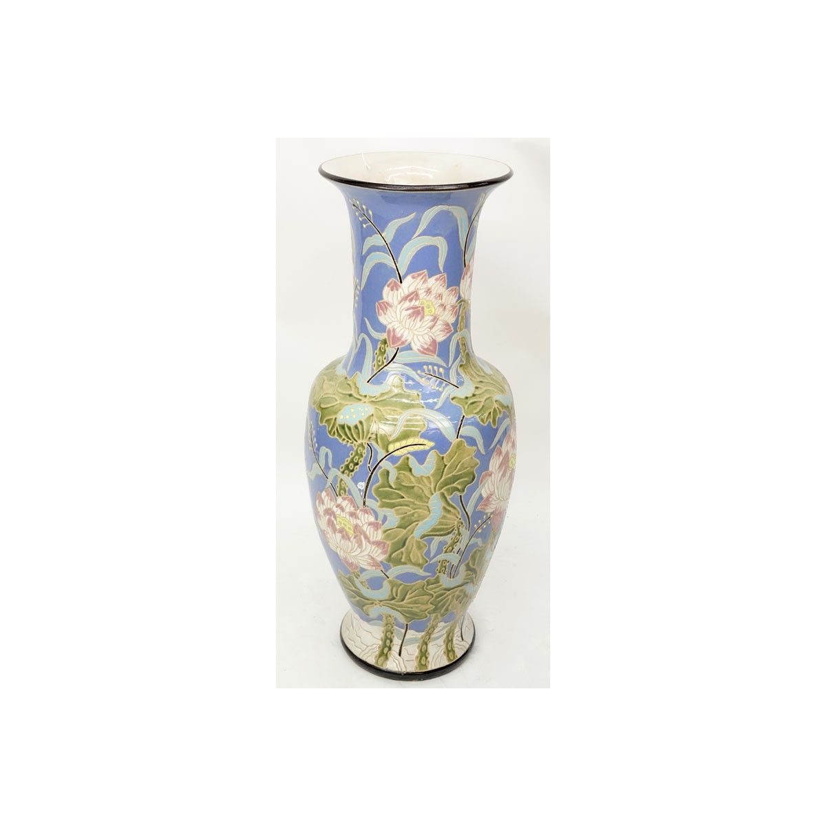 Monumental Majolica Pottery Vase. Features Asian inspired lotus flower motif on blue ground. Unsign