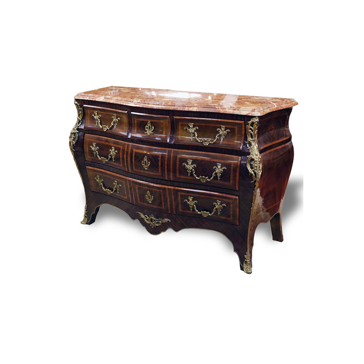 Mid 20th Century Regence Style Gilt Bronze Mounted Kingwood Marquetry Inlaid Marble Top Commode en