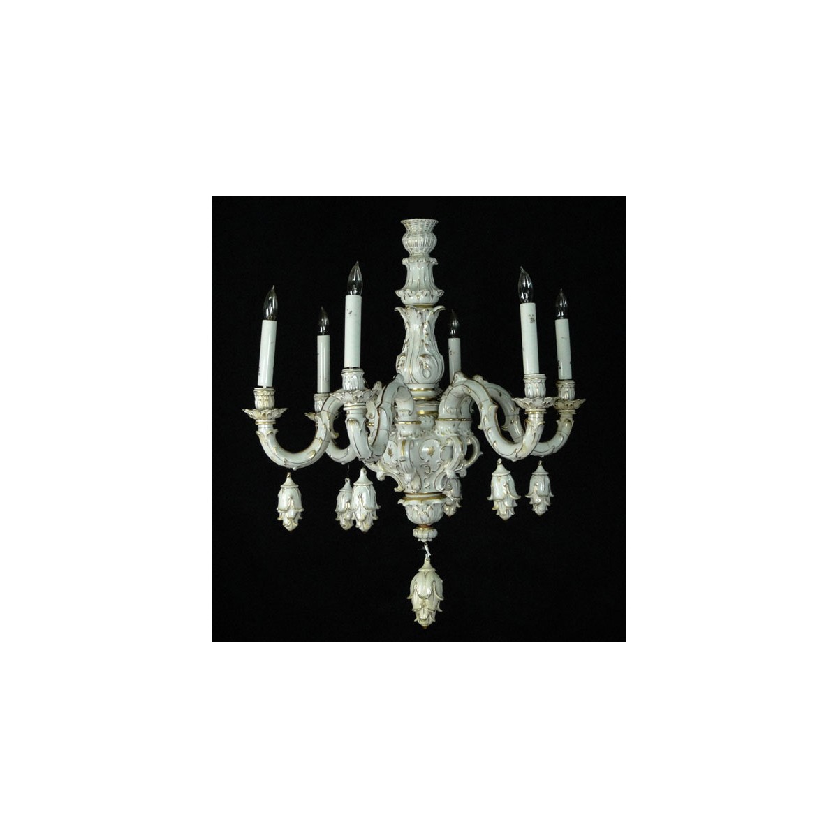 Early 20th Century Continental Gilt Porcelain Six Light Chandelier with Matching Canopy. Unsigned.