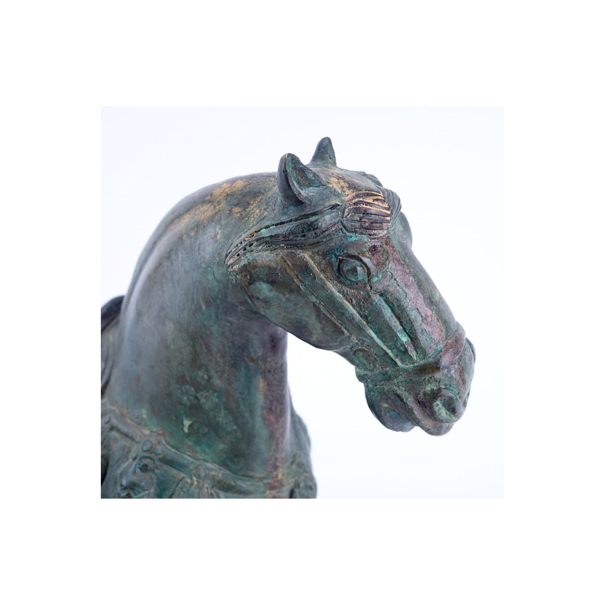 Chinese Tang Dynasty Style Patinated Bronze Model of a Horse on Wooden Stand. Rubbing to surface, s