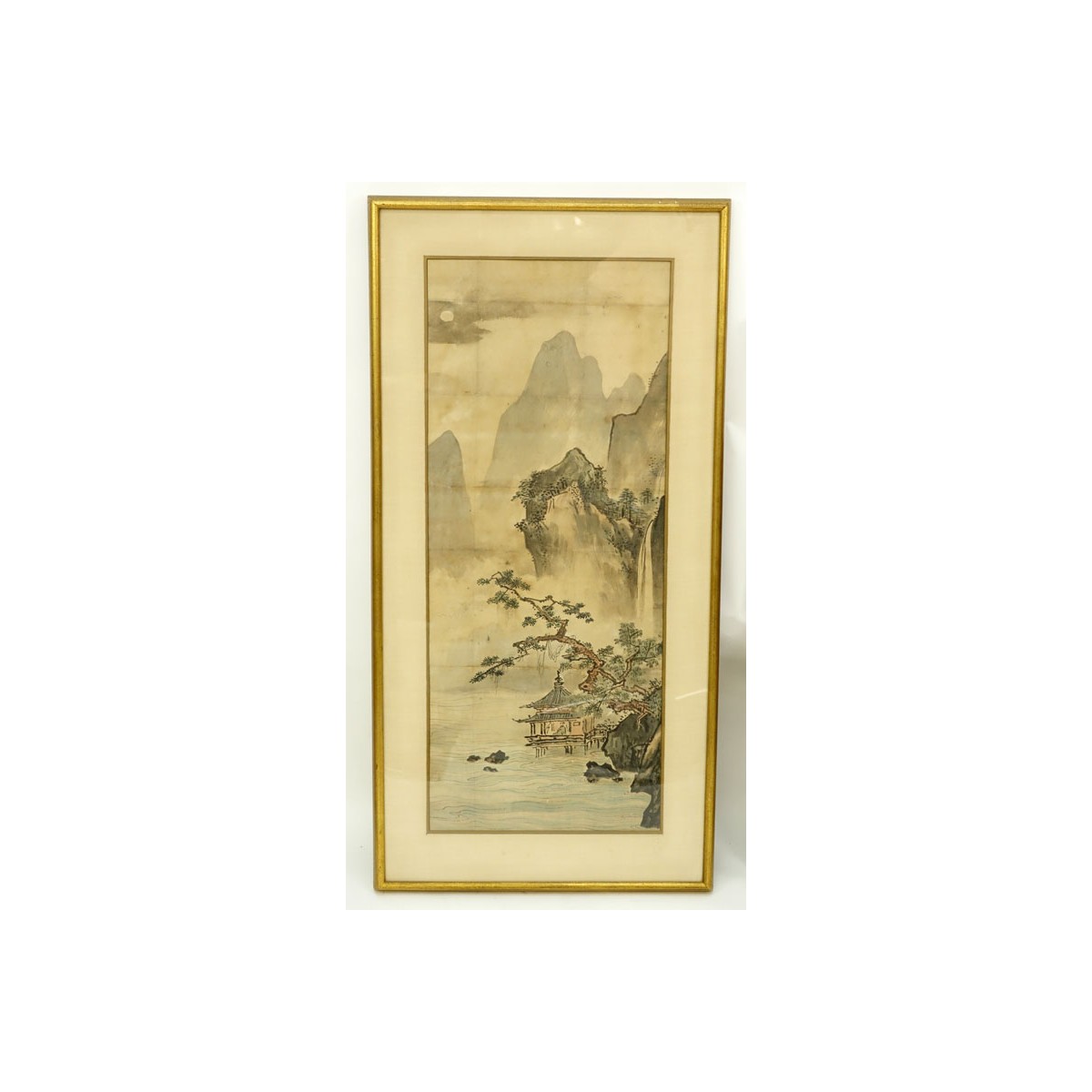 Large Antique Japanese Watercolor Scroll Painting, Landscape Scene. Toning and spotting, crease mar