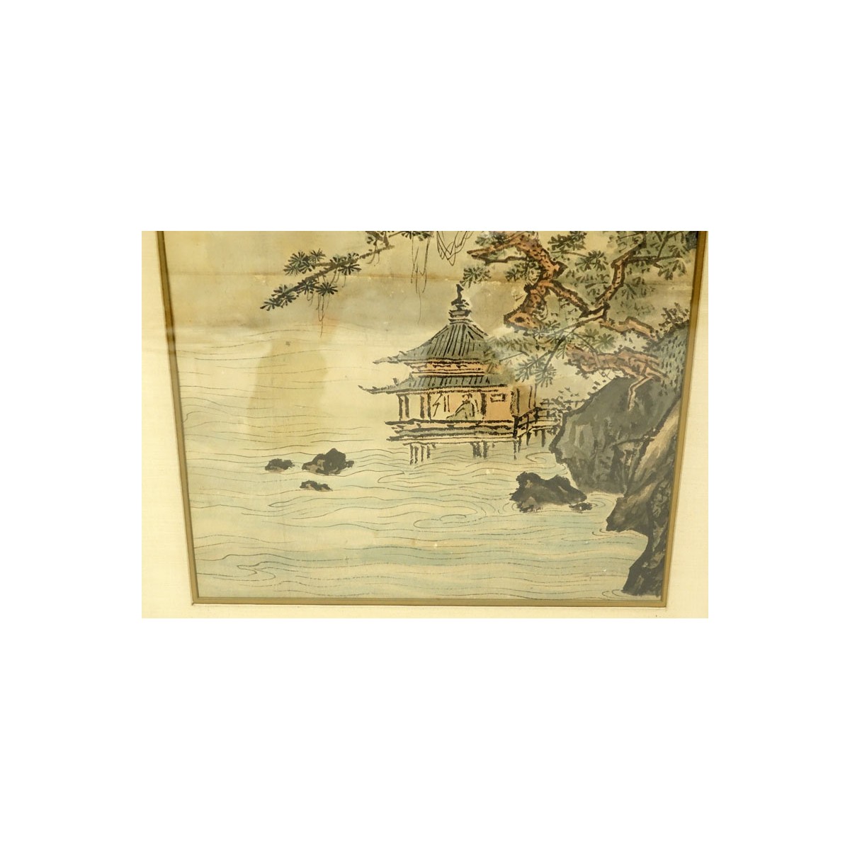 Large Antique Japanese Watercolor Scroll Painting, Landscape Scene. Toning and spotting, crease mar