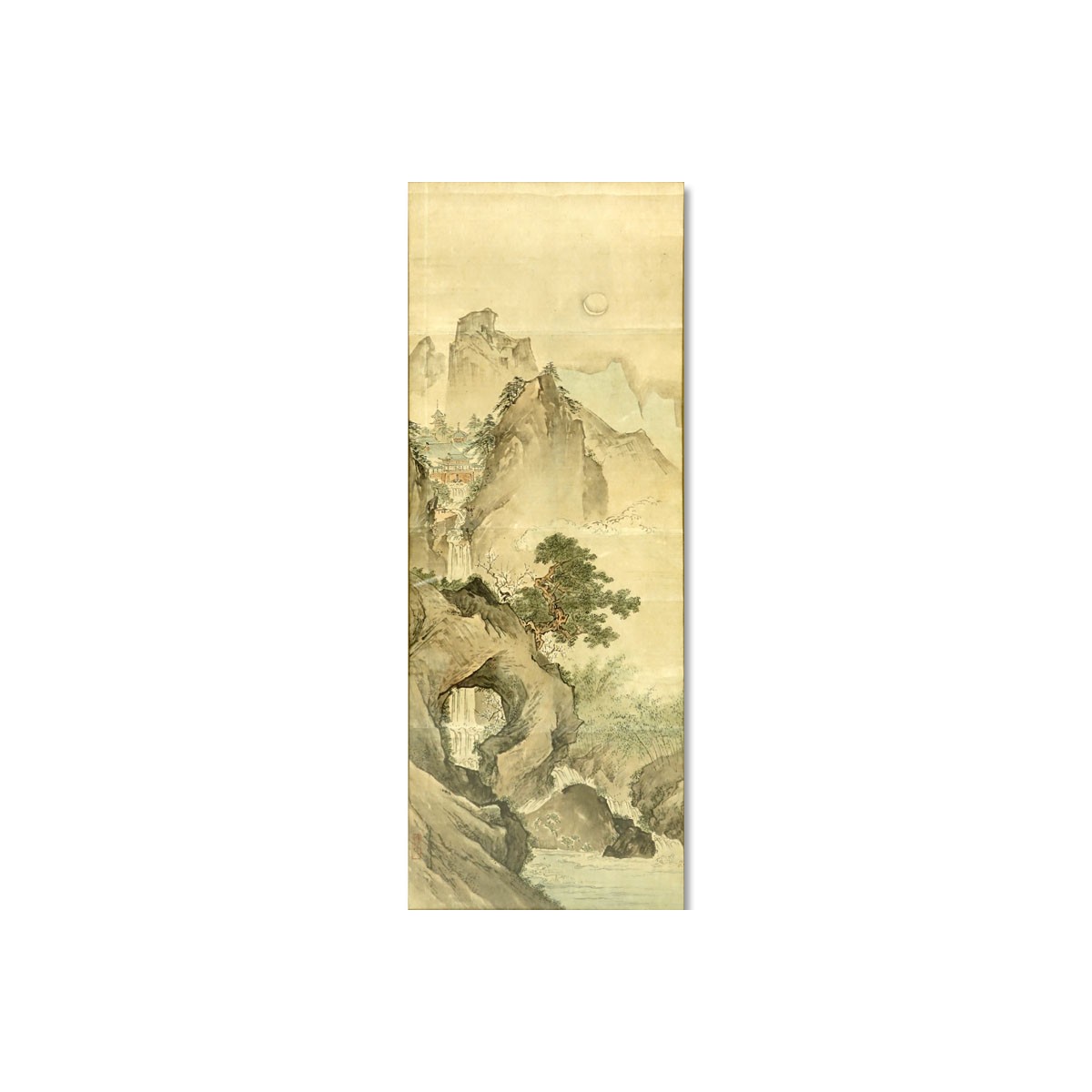 Large Antique Japanese Watercolor Scroll Painting, Landscape Scene. Signed. Toning and spotting, cr