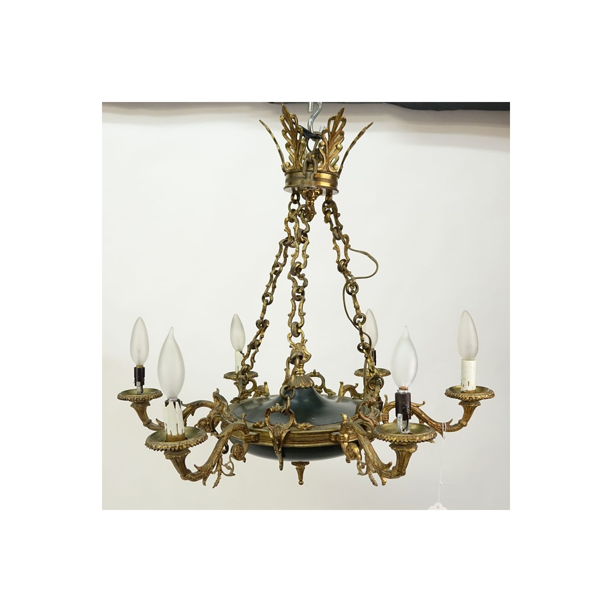 19/20th Century Empire Style Six-Light Gilt Brass and Tole Chandelier.  Rubbing to gilt, losses to 