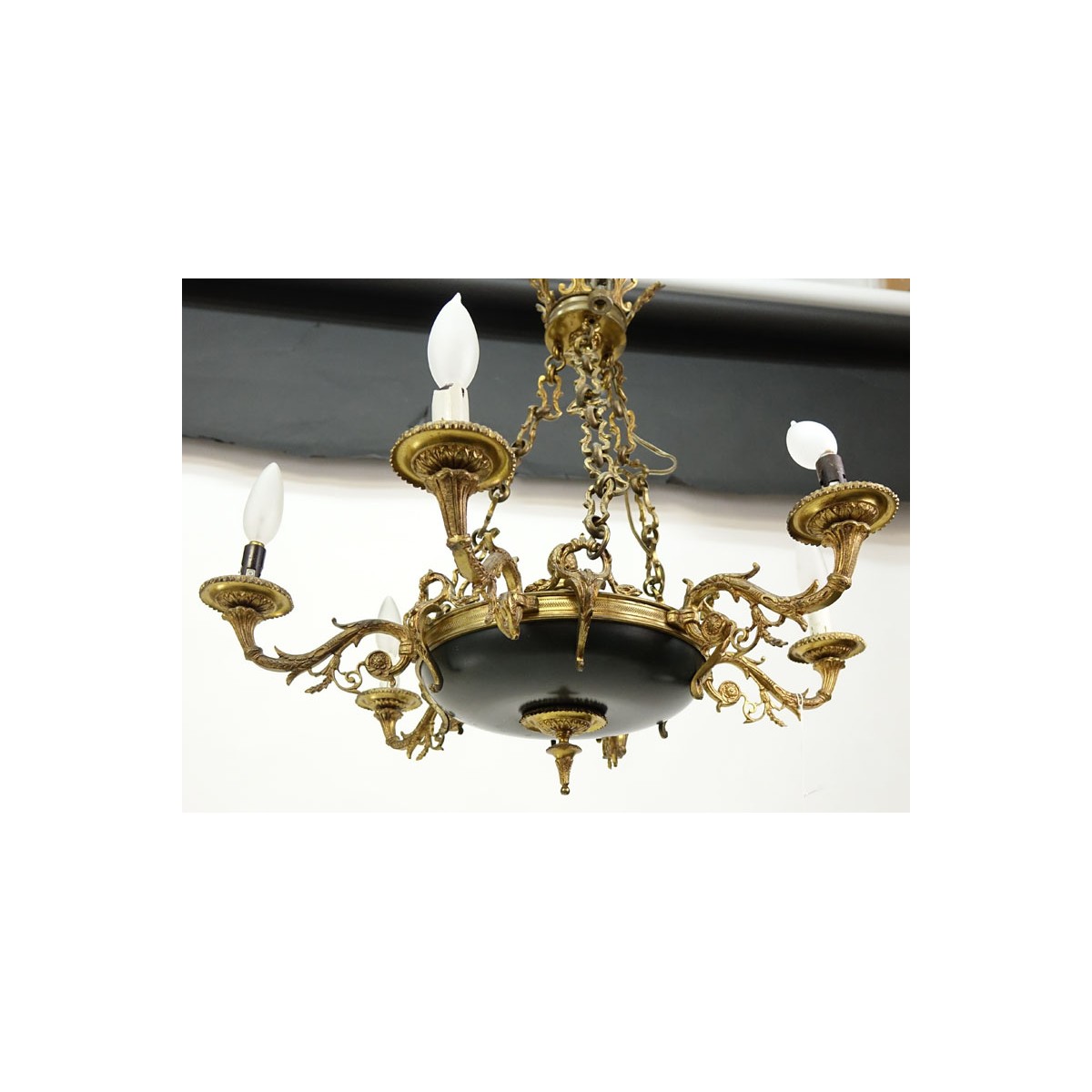 19/20th Century Empire Style Six-Light Gilt Brass and Tole Chandelier.  Rubbing to gilt, losses to 