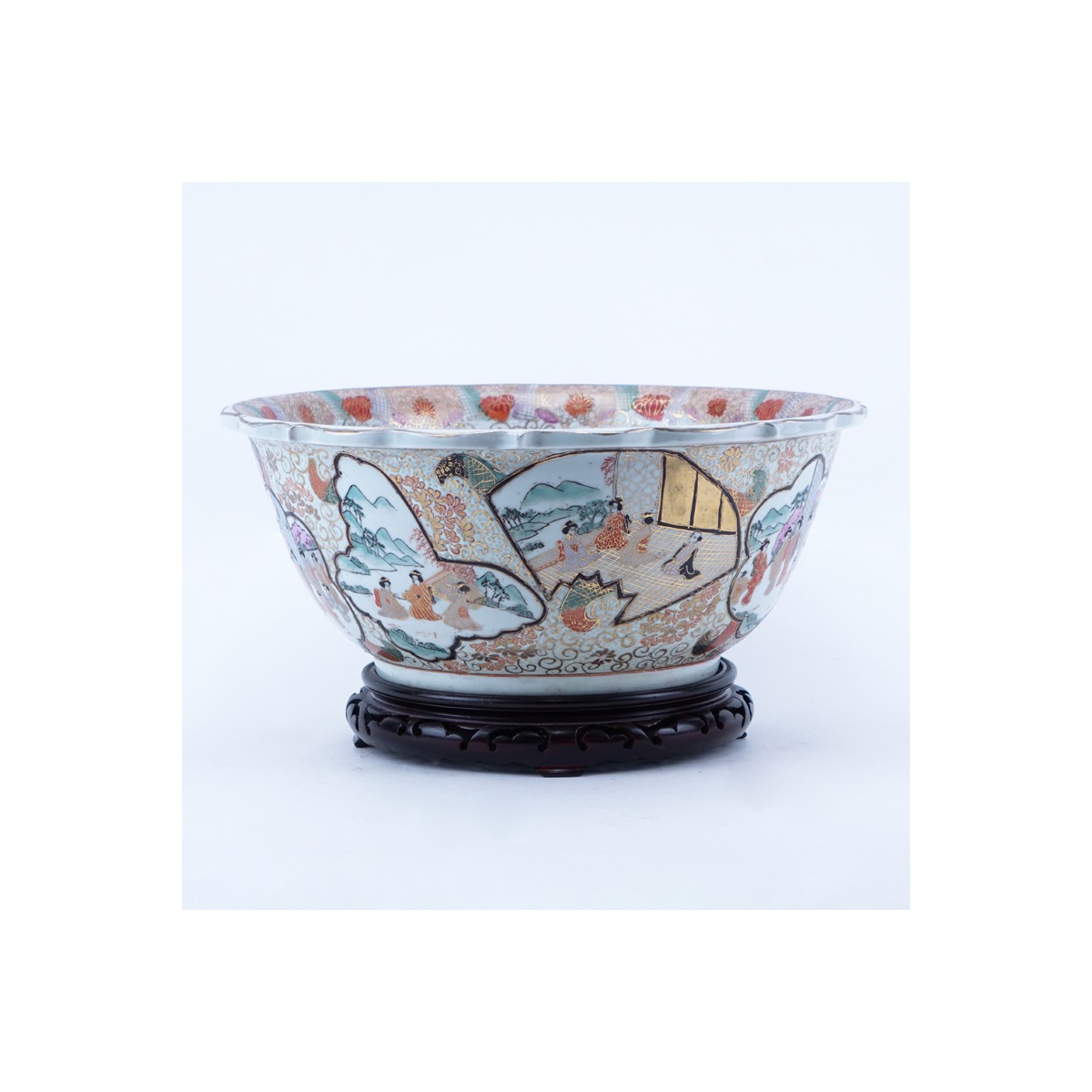 Modern Chinese Hand Painted Porcelain Punchbowl On Stand. Signed. Measures 7" H x 16-1/4" Dia. (est