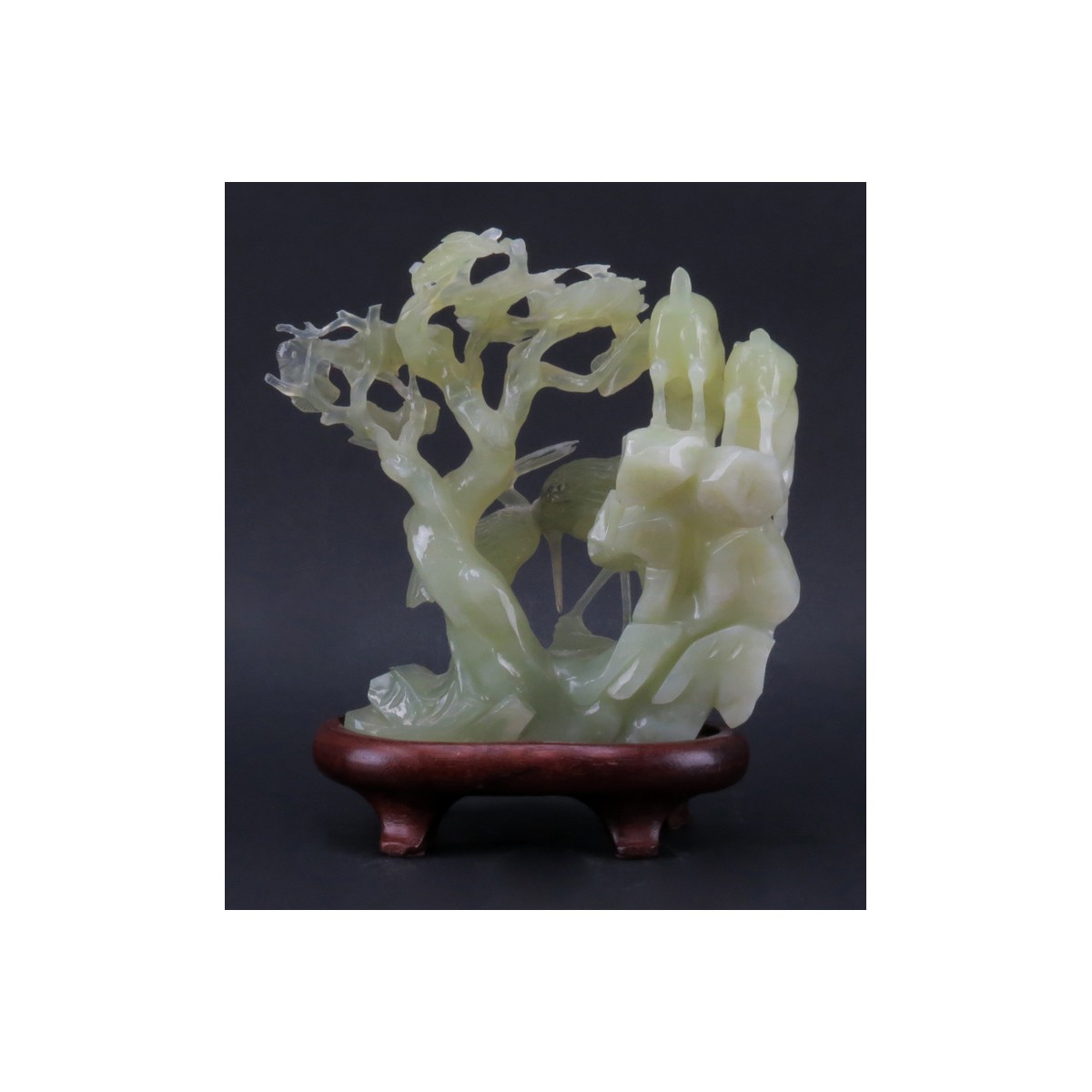 20th Century Chinese Carved Serpentine Bird Group on Wood Stand. Unsigned. Losses. Please examine c