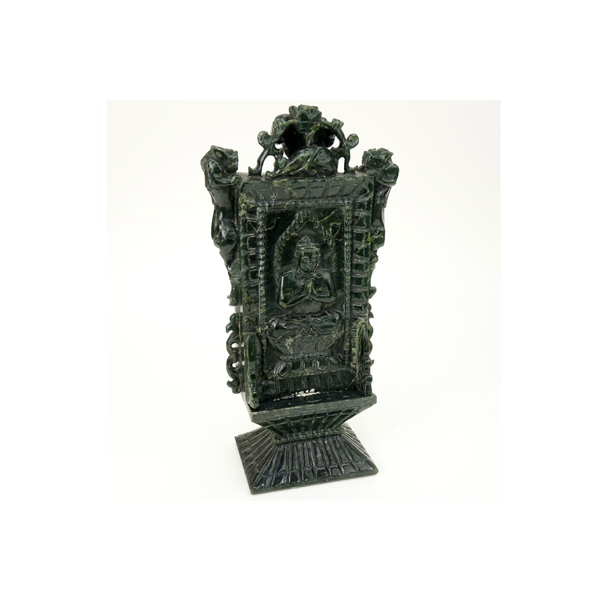 Early 20th Century Chinese Carved Dark Green Jade Ceremonial Plaque. Seated Buddha motif on front a