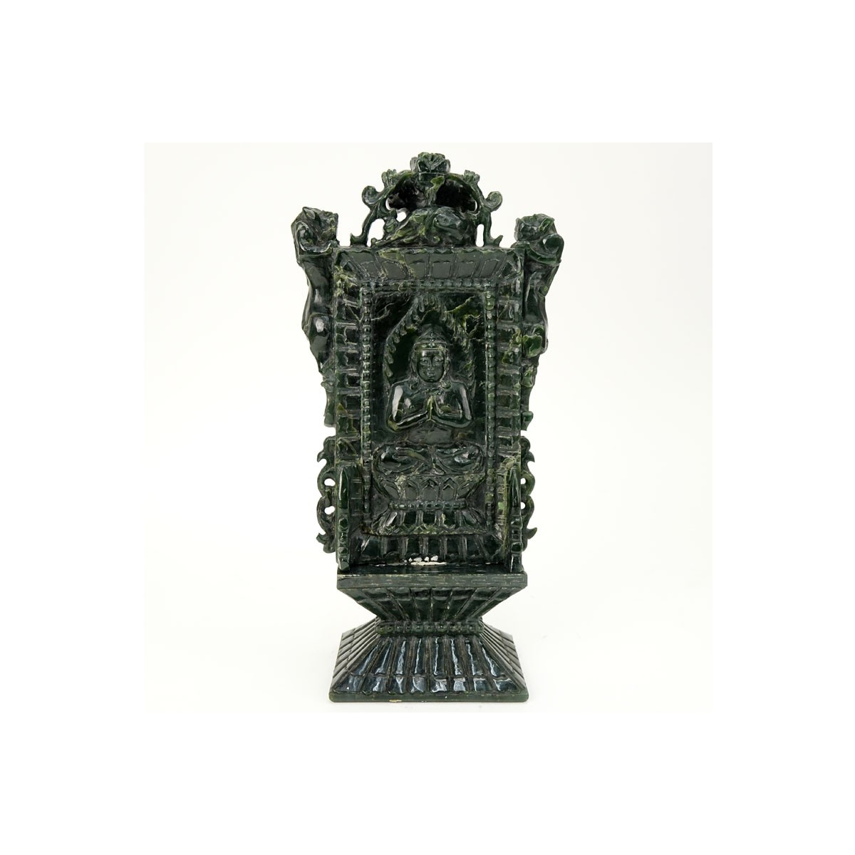 Early 20th Century Chinese Carved Dark Green Jade Ceremonial Plaque. Seated Buddha motif on front a