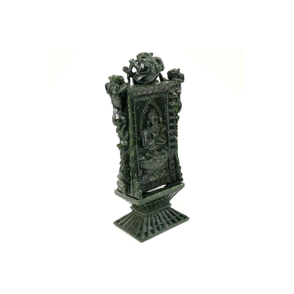 Early 20th Century Chinese Carved Dark Green Jade Ceremonial Plaque. Seated Buddha motif on front a