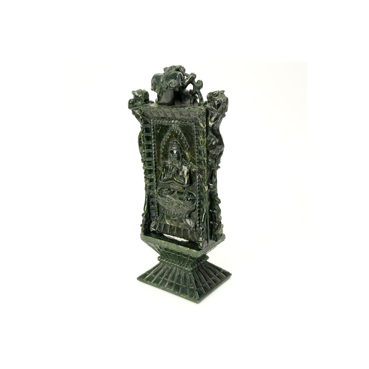 Early 20th Century Chinese Carved Dark Green Jade Ceremonial Plaque. Seated Buddha motif on front a