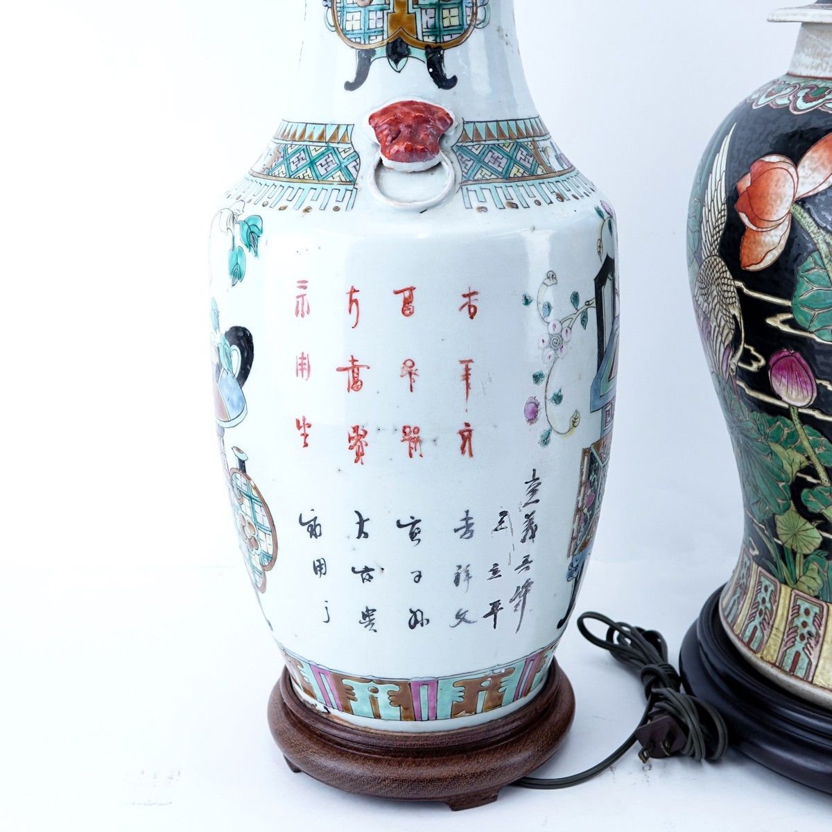 Grouping of Two (2): Chinese Famille Rose Vases Mounted as Lamps, Chinese Famille Noir Ginger Jar M