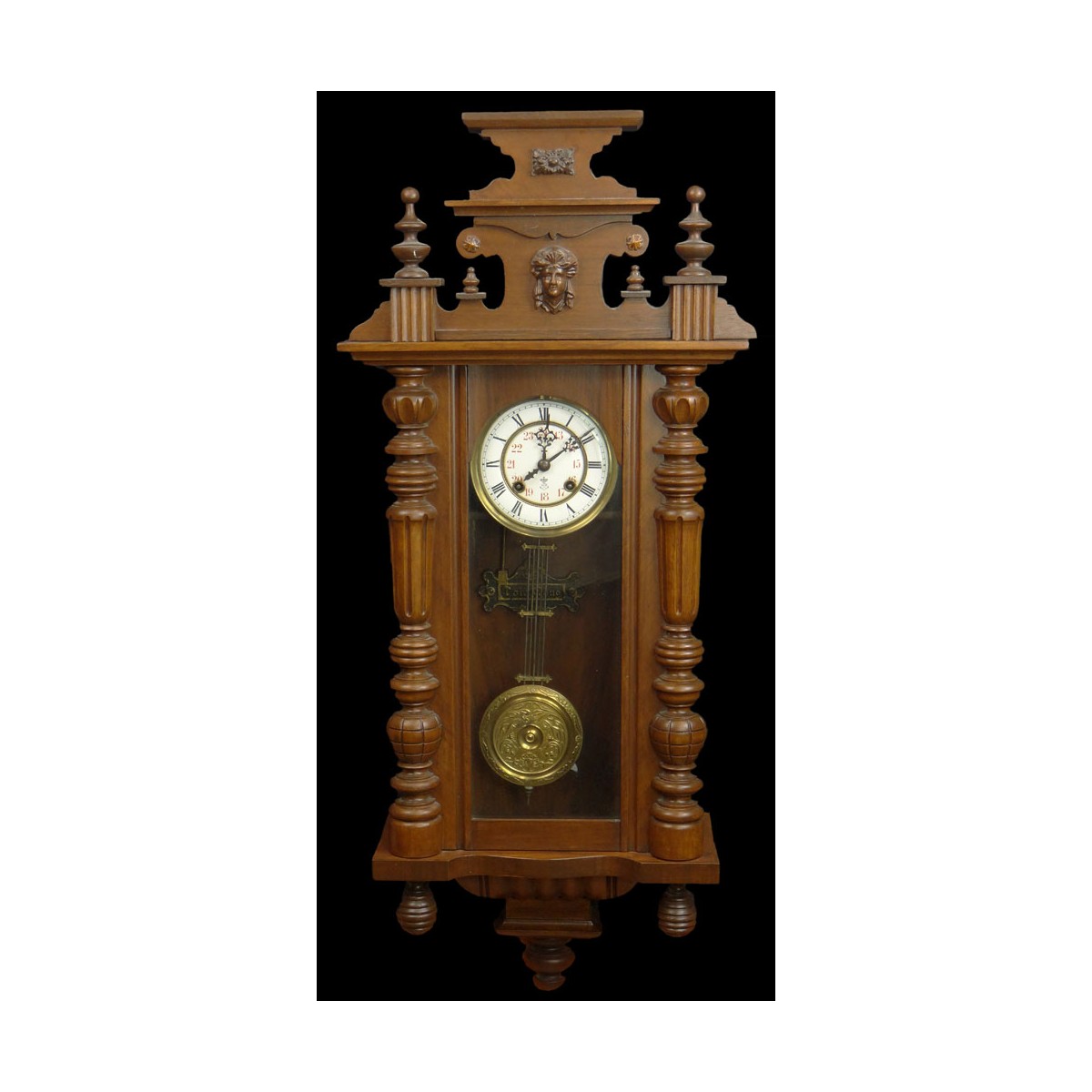 Antique Gustav Becker Regulator Wall Clock. Signed Porcelain Dial, in a Carved Figural Case with Pe