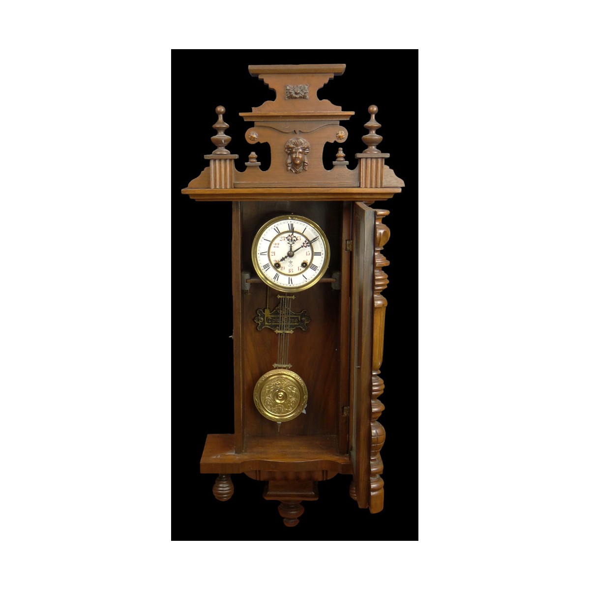 Antique Gustav Becker Regulator Wall Clock. Signed Porcelain Dial, in a Carved Figural Case with Pe