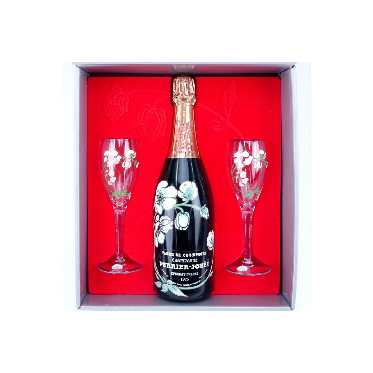 Vintage 1975 Perrier-Jouet Fleur de Champagne Bottle in Presentation Box. Includes two crystal cham