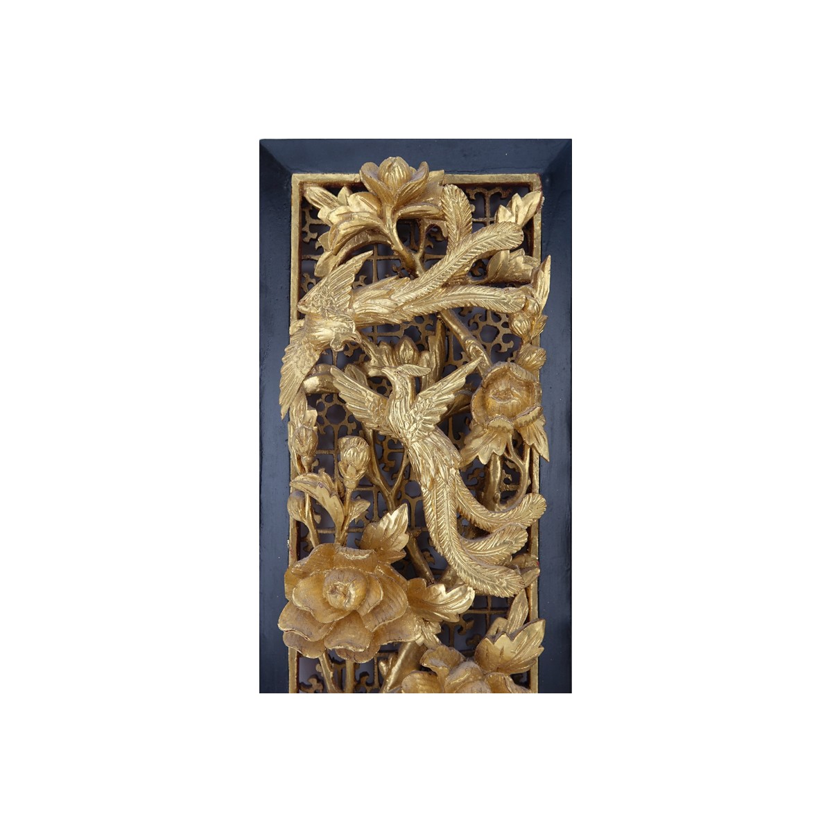 Pair of Chinese Giltwood Deep Relief Carved Panels. A few small nicks to relief on one panel, light