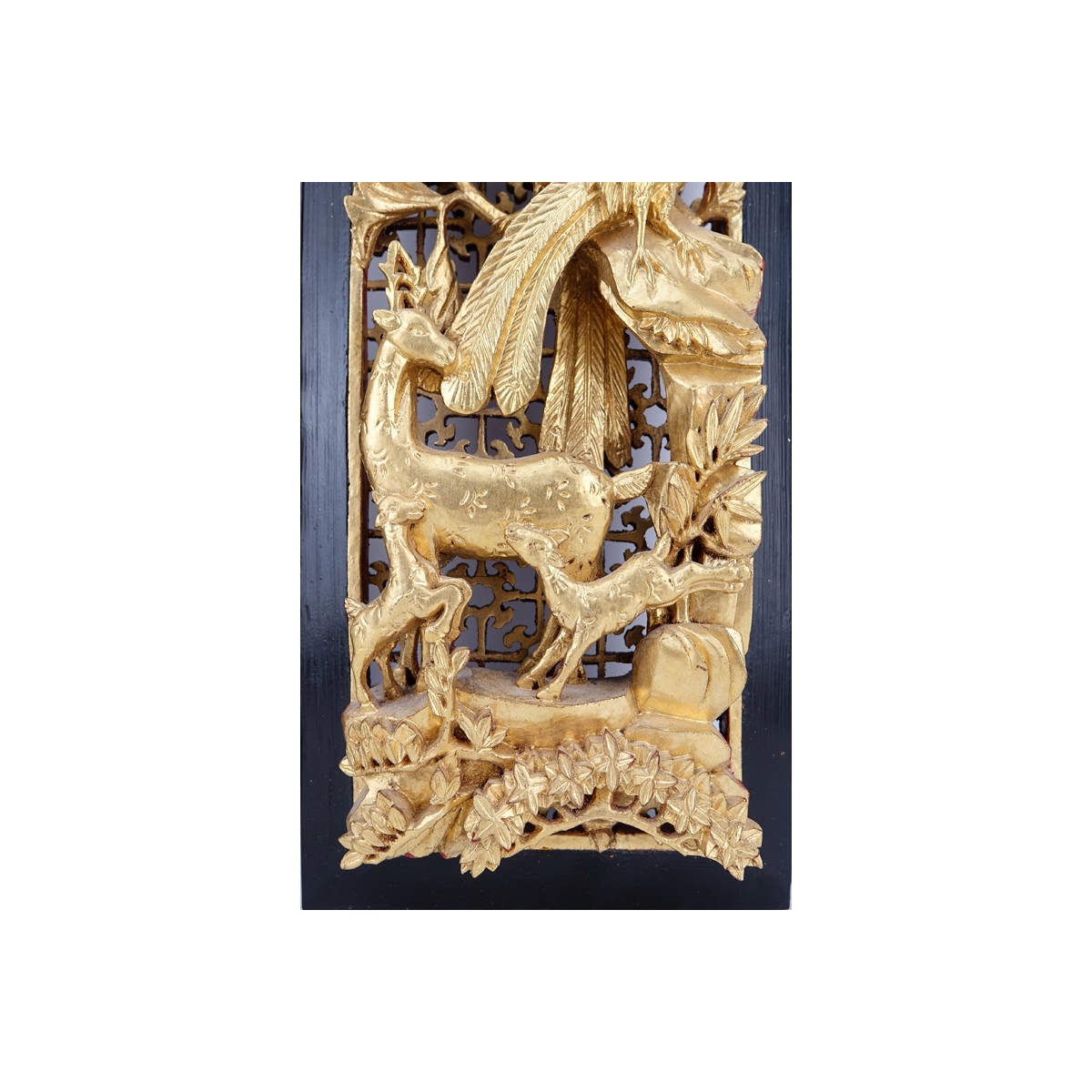 Pair of Chinese Giltwood Deep Relief Carved Panels. A few small nicks to relief on one panel, light