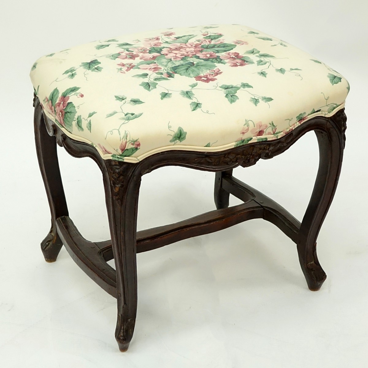 19th Century Louis XV French Carved Wood and Upholstered Tabouret Stool. Scratches to wood. Measure
