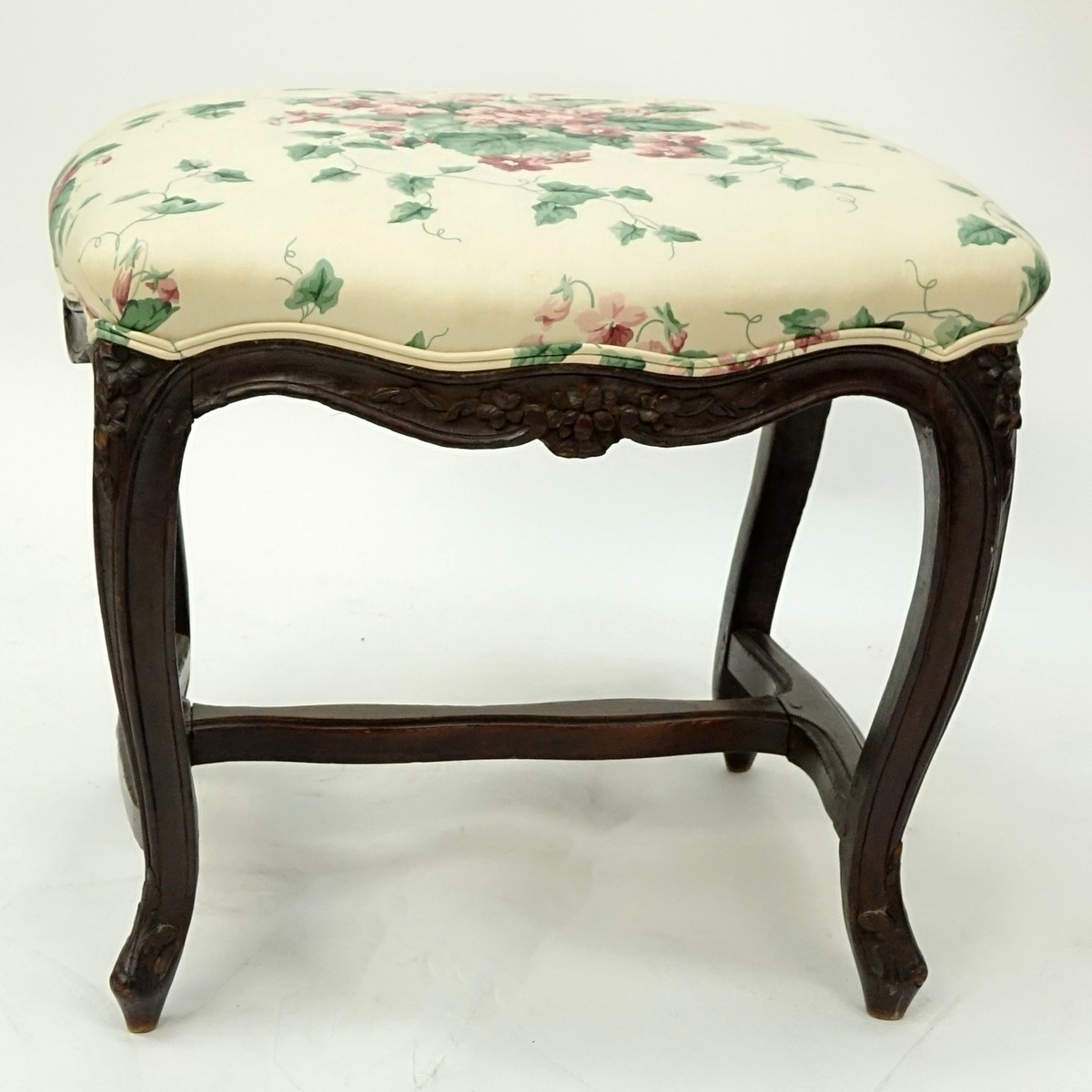 19th Century Louis XV French Carved Wood and Upholstered Tabouret Stool. Scratches to wood. Measure