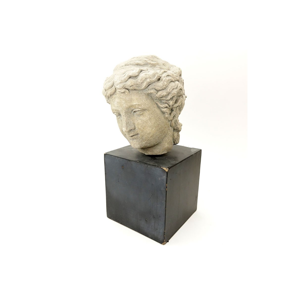 Modern Faux Stone "Greek Bust" on Wood Stand. Unsigned. Wear, rubbing. Measures 17" H including bas