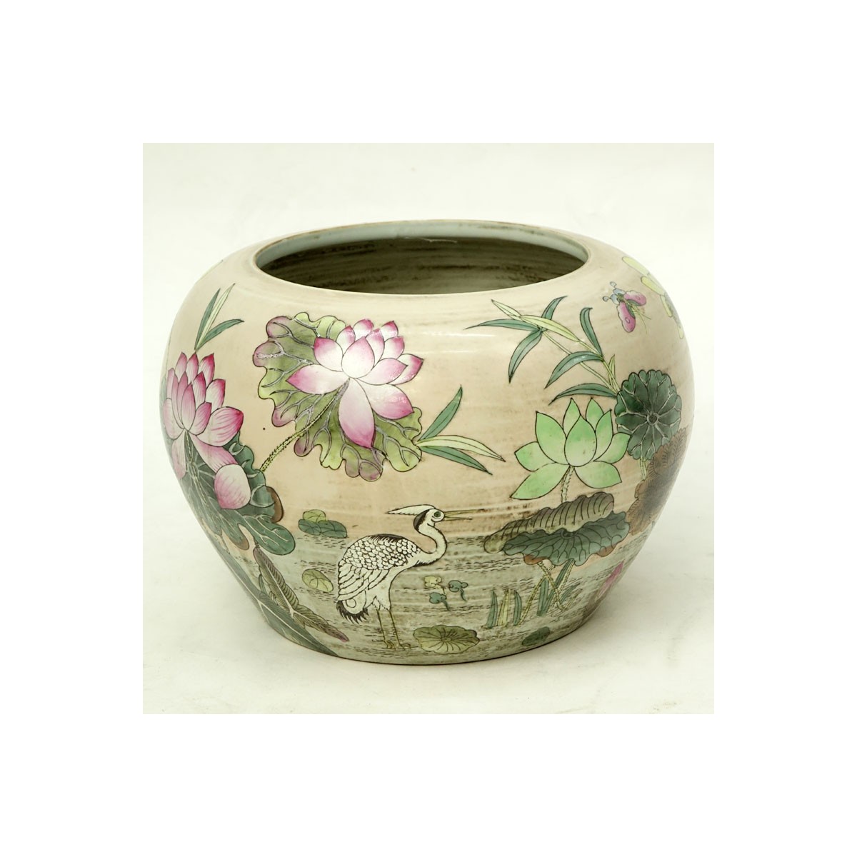 20th Century Chinese  Porcelain Jardinière. Depicts a enamel floral painted pond scene with water l