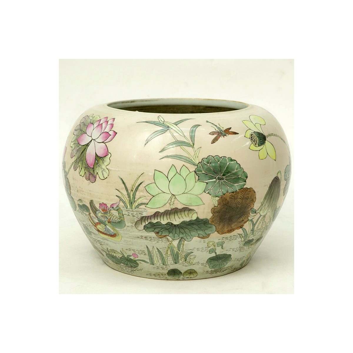 20th Century Chinese  Porcelain Jardinière. Depicts a enamel floral painted pond scene with water l