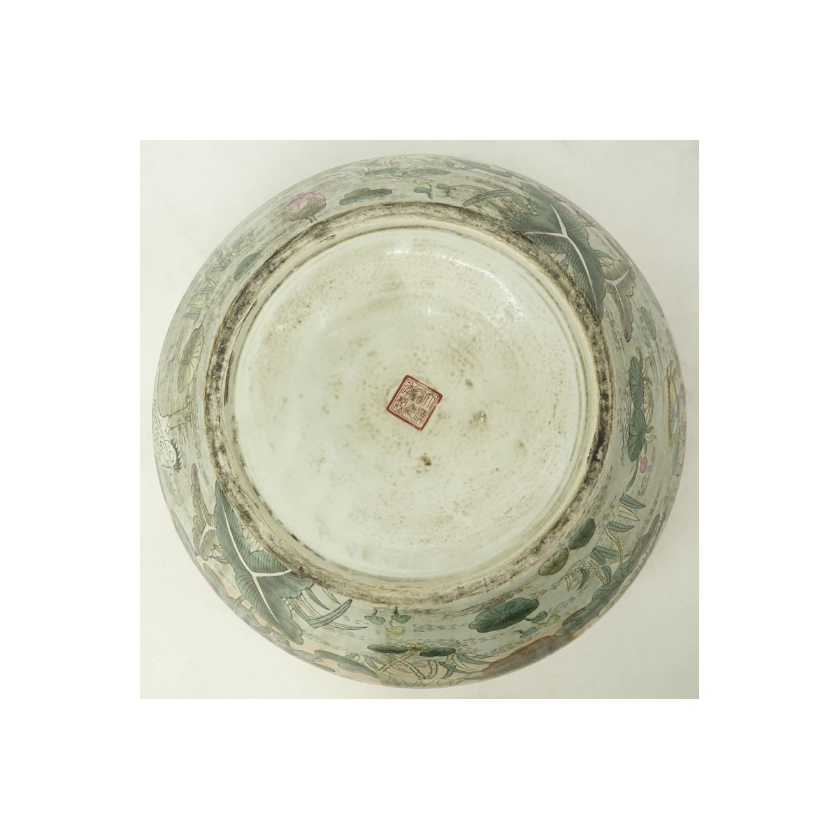 20th Century Chinese  Porcelain Jardinière. Depicts a enamel floral painted pond scene with water l