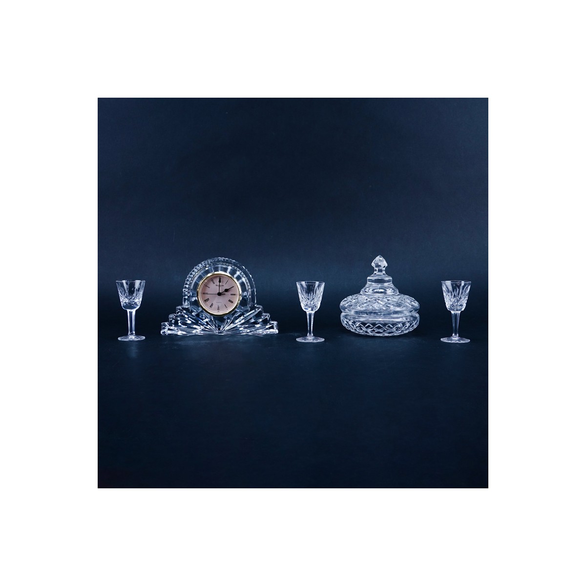 Collection of Five (5) Waterford Crystal Tableware. Includes: clock, covered dish, and three cordia