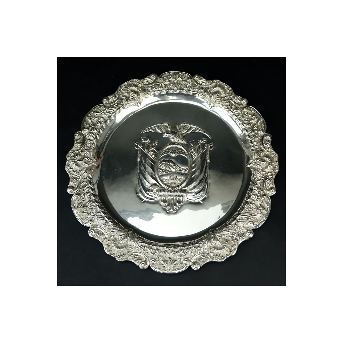 Vintage Silver Ecuador Coat of Arms Repousse Tray. Unsigned, J. Espinosa sticker label affixed en v