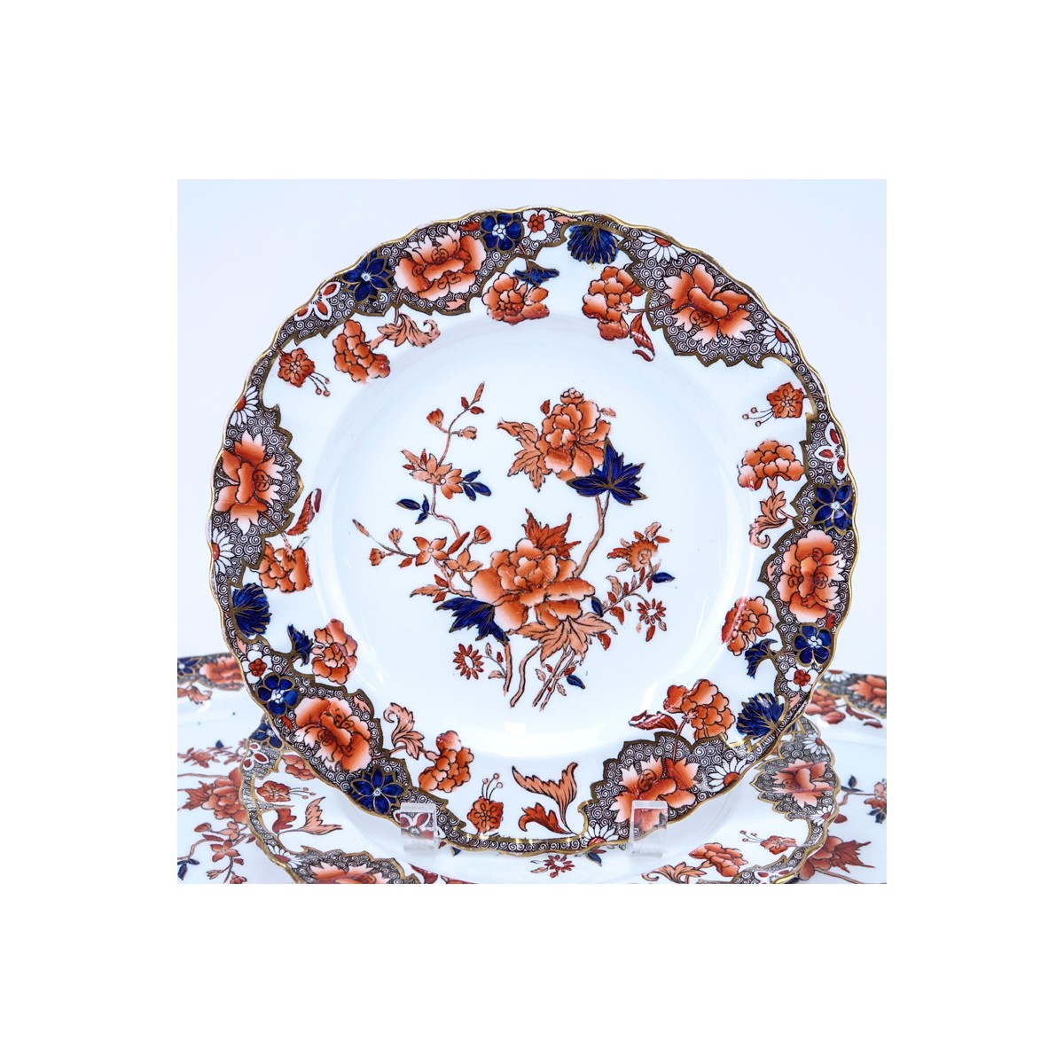 Set of Eight (8) Copeland Spode Bertha Imari Porcelain Dinner Plates. Signed. Rubbing to gilt, ligh