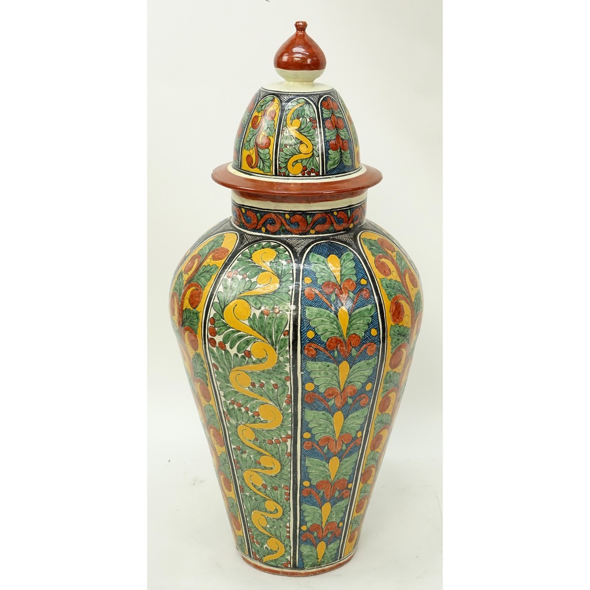 Large Italian Majolica Pottery Covered Urn. Unsigned. Chips at base, overall good condition. Measur