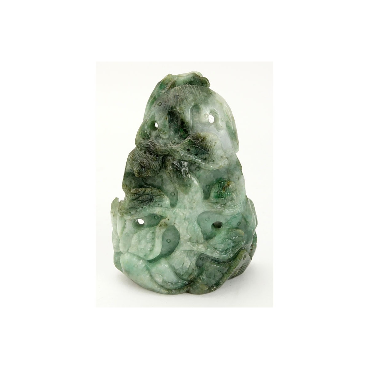 Chinese Carved Jade Shou Lao Figurine. Depicted holding staff and scepter. Light to dark green in c