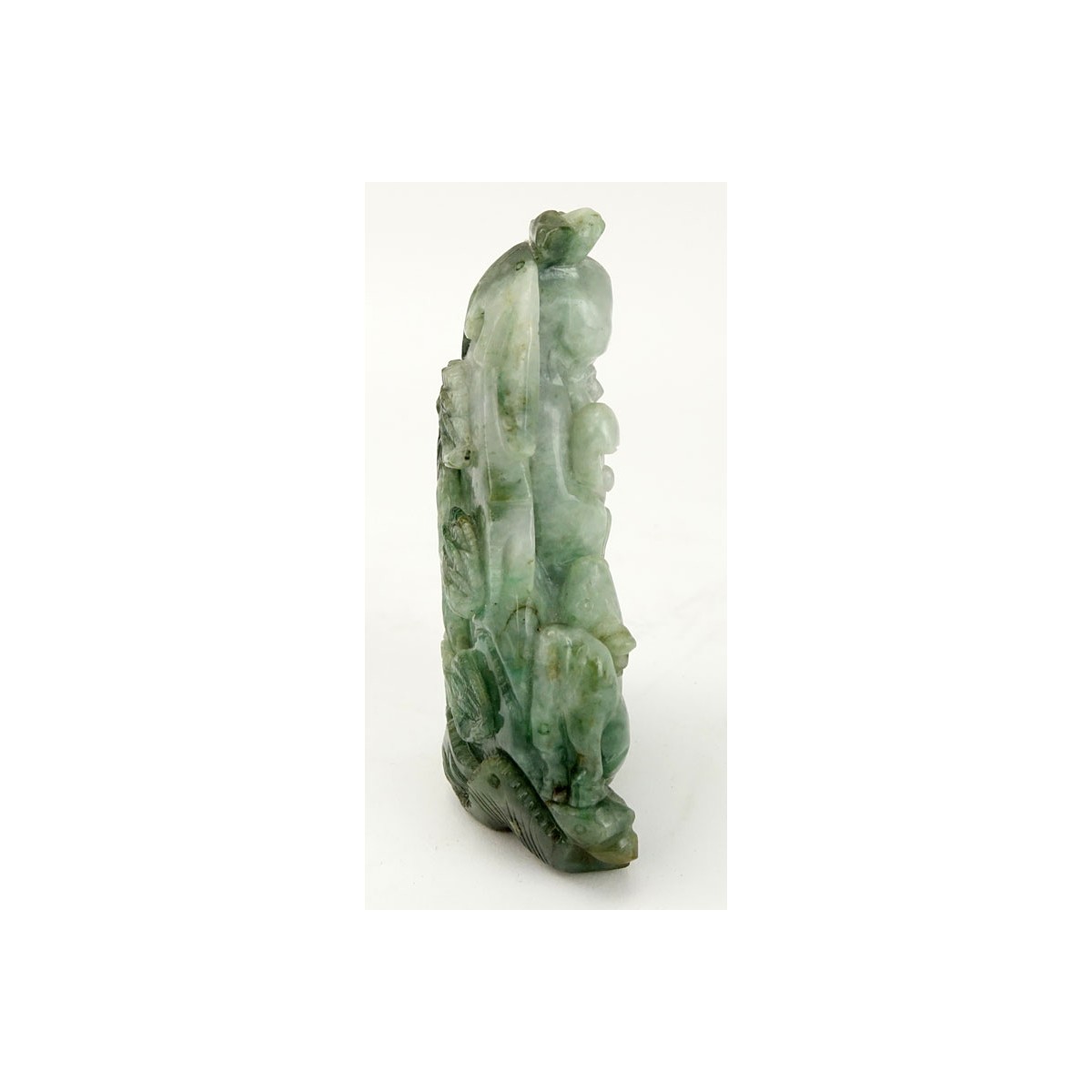 Chinese Carved Jade Shou Lao Figurine. Depicted holding staff and scepter. Light to dark green in c