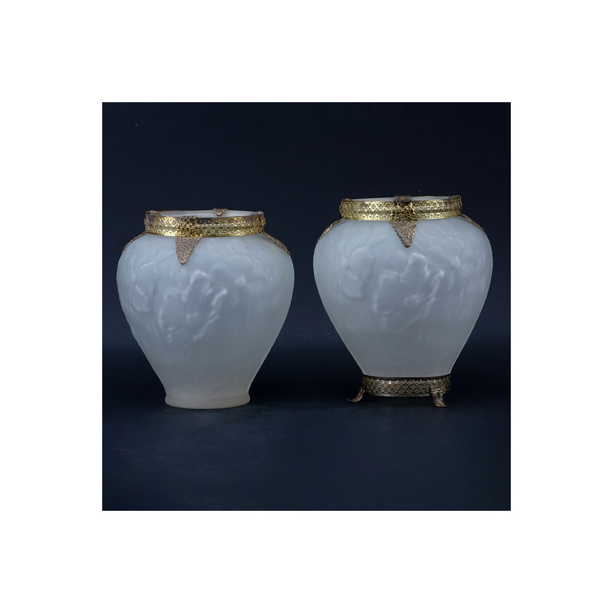 Pair Vintage Frosted Glass Vases With Reticulated Brass Mountings. Unsigned. Minor chips, one foot 