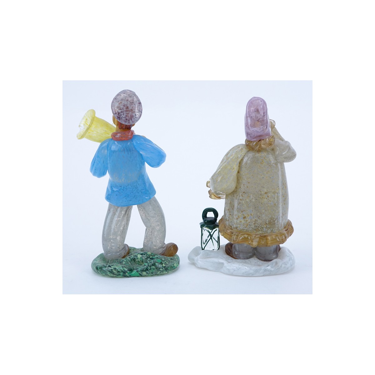 Two (2) Czechoslovakian hand blown art glass musician figures. Unsigned. Losses. Measure 6". (estim