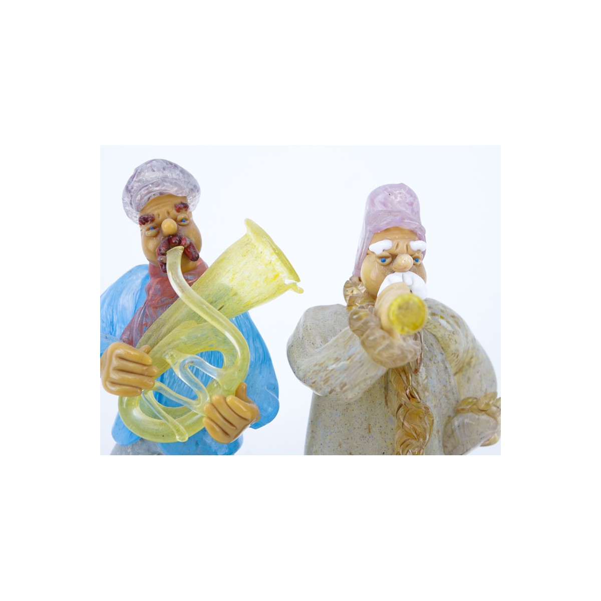 Two (2) Czechoslovakian hand blown art glass musician figures. Unsigned. Losses. Measure 6". (estim