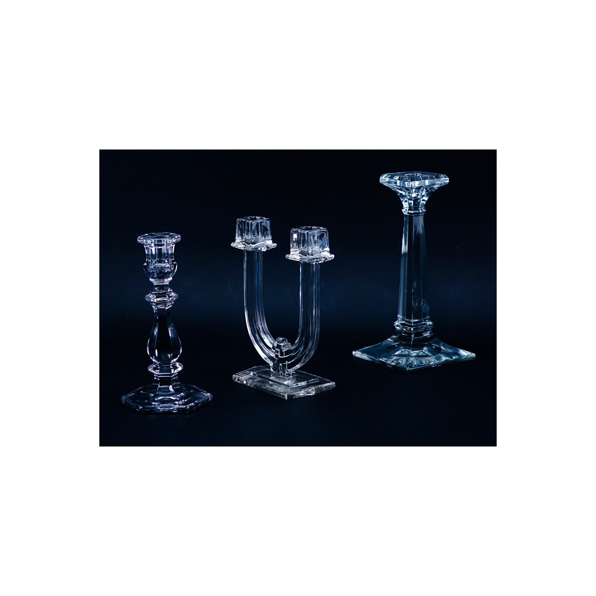 Three (3) Pairs of Heisey Glass Candlesticks in the Old Williamsburg, Aristocrat, and New Era Patte
