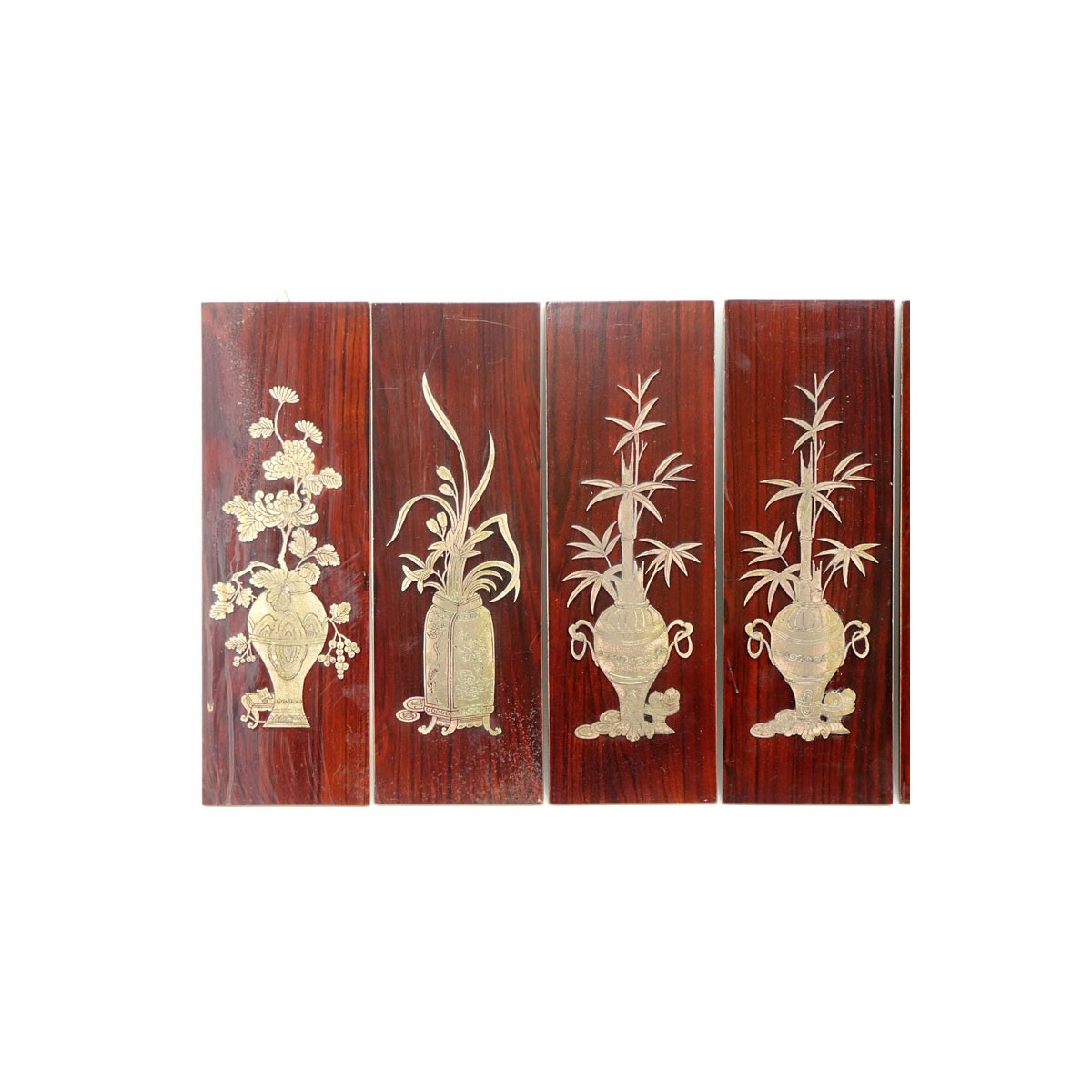 Set of Six (6) Vintage Asian Decorative Wood Panels With Inset Brass Flowers in urns motifs. Unmark