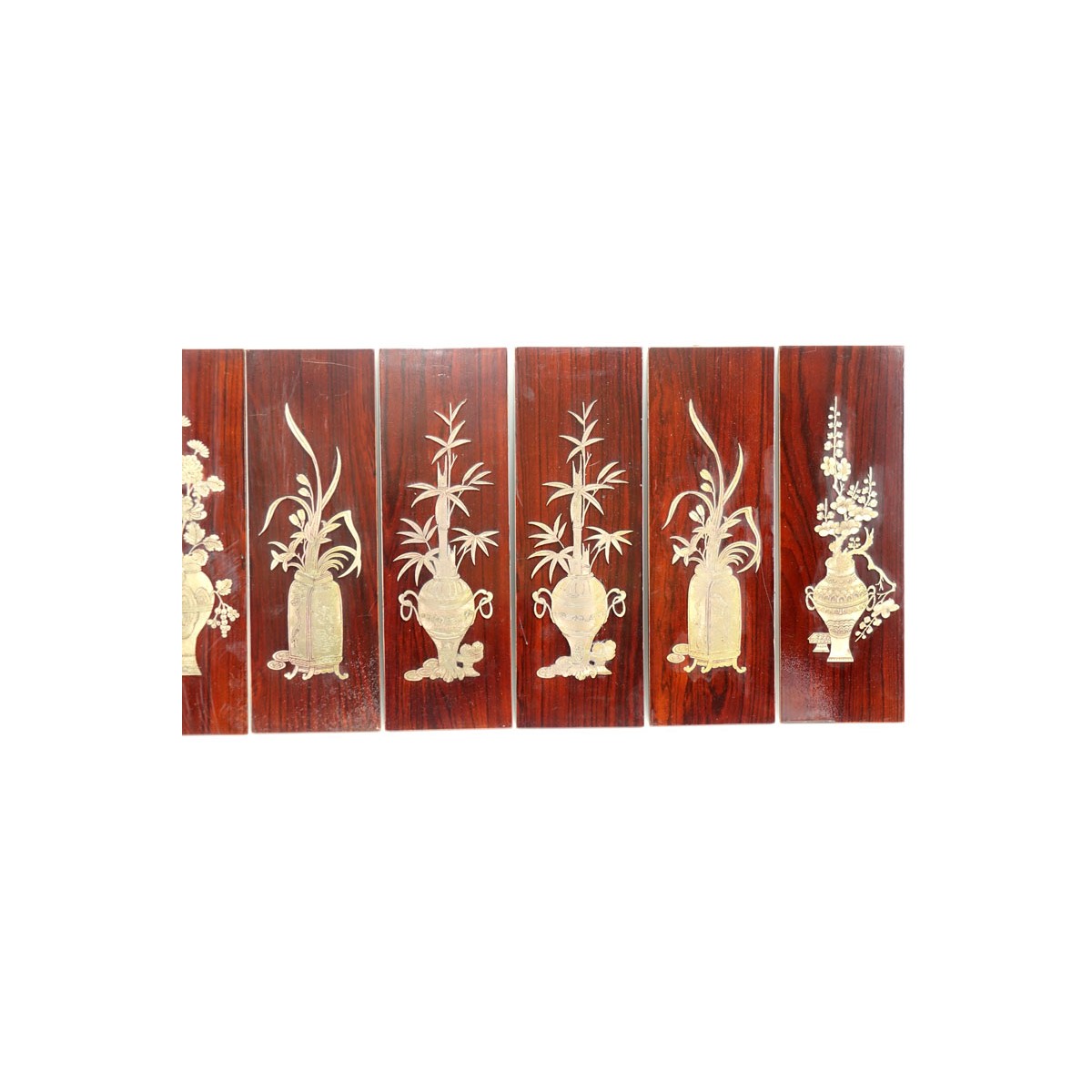 Set of Six (6) Vintage Asian Decorative Wood Panels With Inset Brass Flowers in urns motifs. Unmark