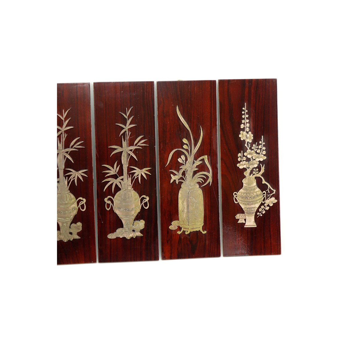 Set of Six (6) Vintage Asian Decorative Wood Panels With Inset Brass Flowers in urns motifs. Unmark